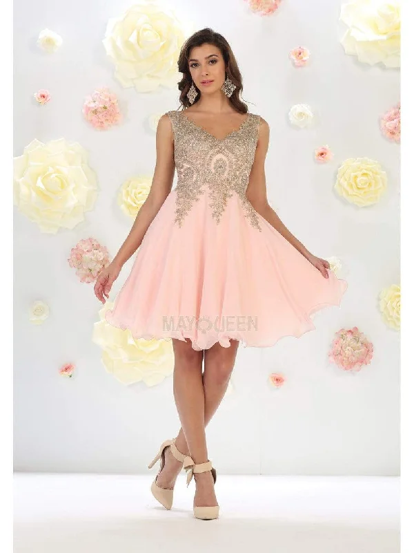 Cocktail dresses with a keyhole back and a midi - lengthMay Queen - MQ1417 Gold Embroidered V-neck A-line Dress