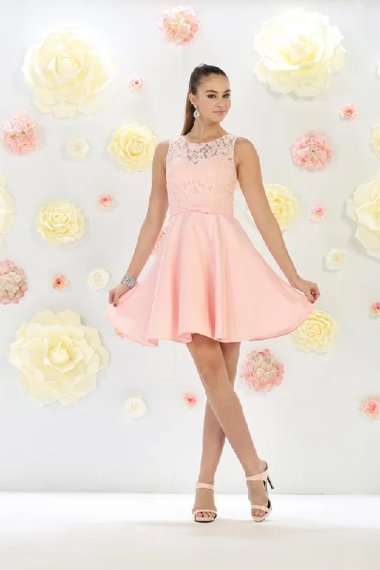 Cocktail dresses with a velvet - trimmed collar and a short skirtMay Queen - MQ1422 Sleeveless Lace Top Floral Waist Bow Cocktail Dress