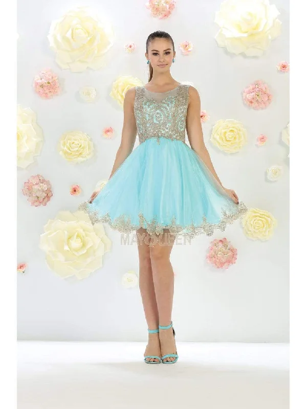 Sheath cocktail dresses in blush pink for a romantic lookMay Queen - MQ1434 Illusion Neckline Lace Applique Cocktail Dress