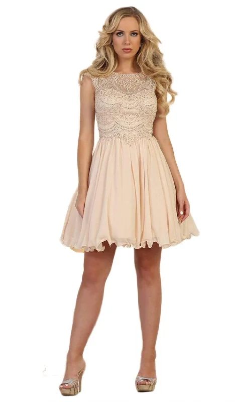 Ribbed - texture cocktail dresses with a cap - sleeve designMay Queen - MQ1567 Scallop Beaded Lace Applique Cocktail Dress