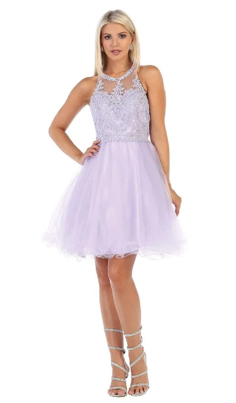 Bow - backed cocktail dresses with a fit - and - flare silhouetteMay Queen - MQ1643 Lace Applique Jewel Neck Sleeveless Cocktail Dress