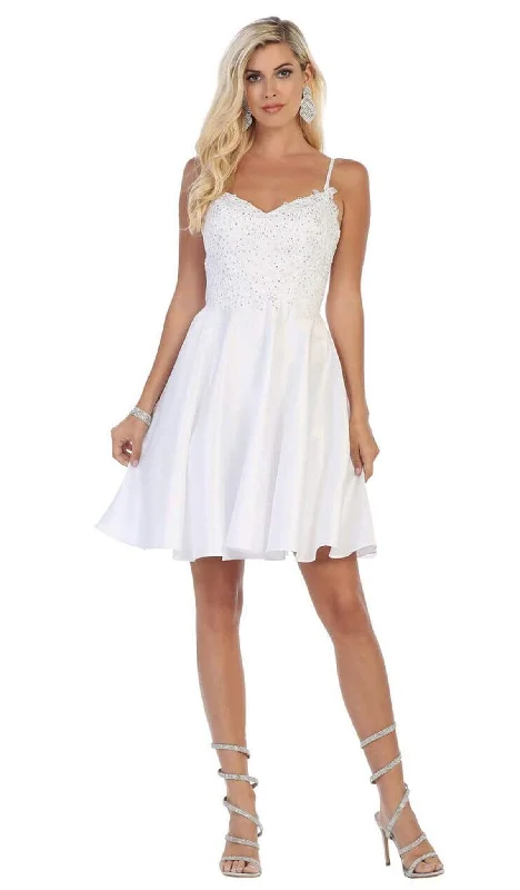 Mini cocktail dresses with a ruffled hem and a solid colorMay Queen - MQ1652 Beaded Lace V-Neck A-Line Short Party Dress