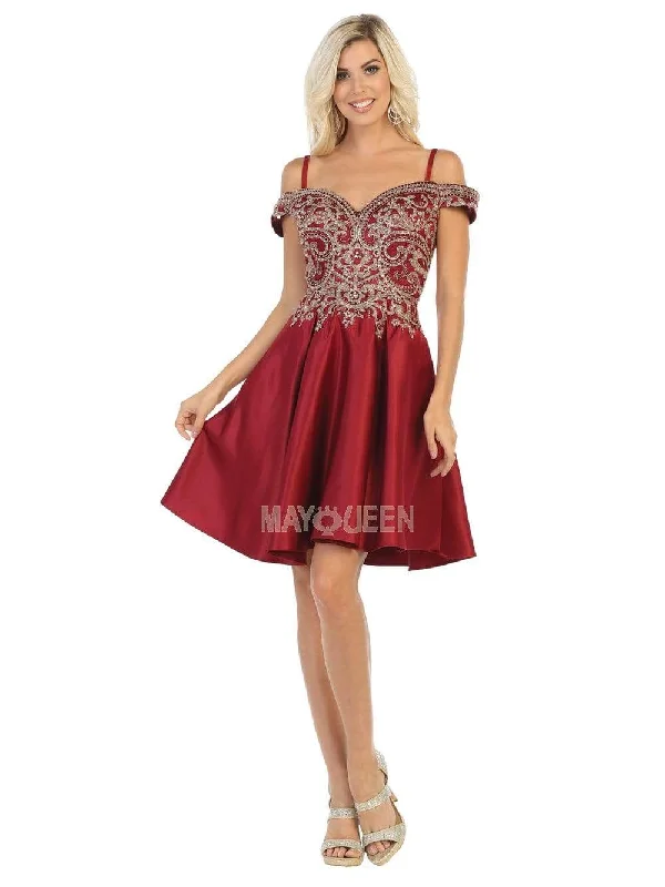Short cocktail dresses in royal blue for a formal eventMay Queen - MQ1661 Gilt-Appliqued Off Shoulder A-Line Dress