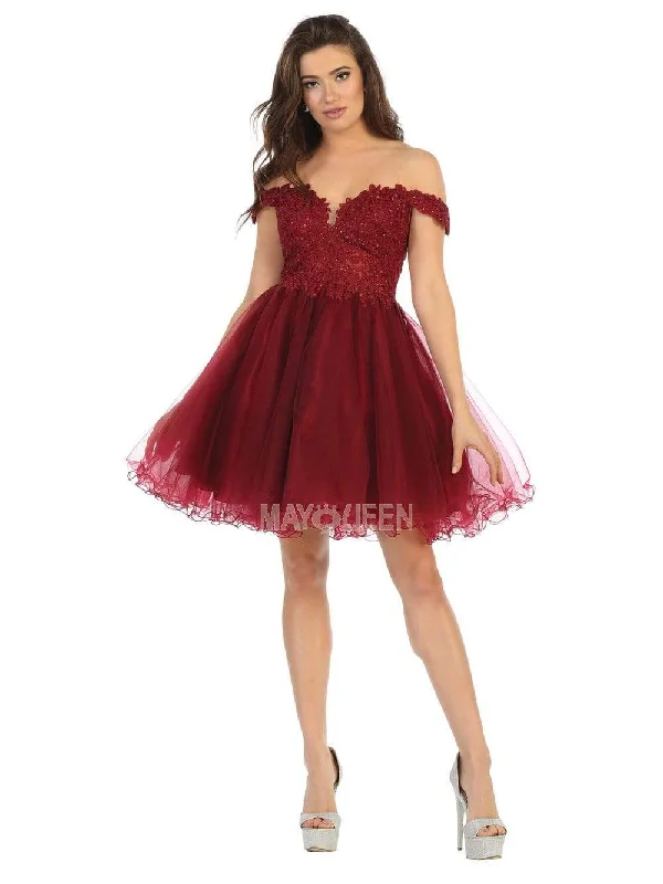 Metallic cocktail dresses with a halter neck for a glamorous occasionMay Queen - MQ1663 Off Shoulder Sheer Lace Bodice Tulle Cocktail Dress