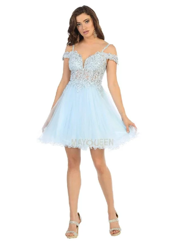 Cocktail dresses with a wrap - around style and a belted waistMay Queen - MQ1668 Embroidered Deep Off-Shoulder A-line Dress