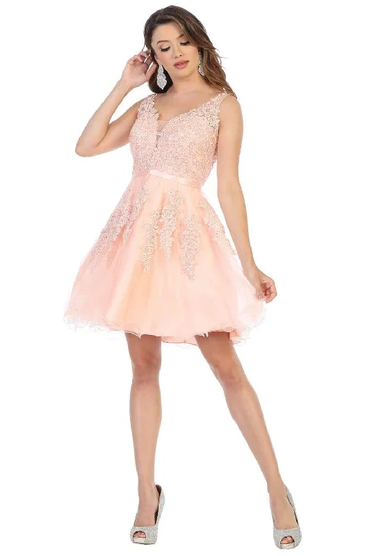 Cocktail dresses with cold - shoulder designs in a lightweight fabricMay Queen - MQ1692 Rhinestone-Ornate Appliqued Short Dress