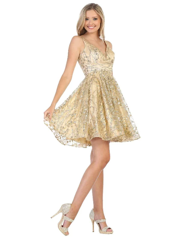 Cocktail dresses with a fringe detail and a sleeveless designMay Queen - MQ1702 Short Deep V-Neck Glitter A-Line Dress