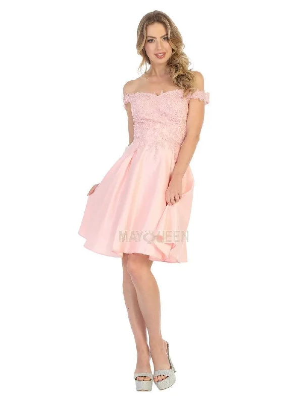 Mini cocktail dresses with a denim fabric for a casual - chic lookMay Queen - MQ1766 Off Shoulder Beaded Lace Satin Cocktail Dress