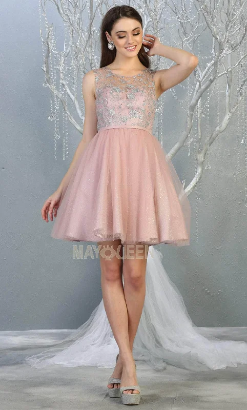 Asymmetric - hem cocktail dresses in a bold color for a fashion - forward lookMay Queen - MQ1803 Illusion Sweetheart Neckline Glitter Tulle Dress