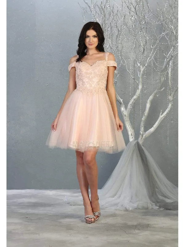Satin cocktail dresses with a high - low hem for a modern touchMay Queen - MQ1809 Short Appliqued Off Shoulder Tulle Dress