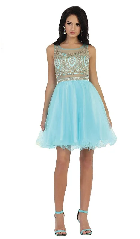 Cocktail dresses with a keyhole back and a midi - lengthMay Queen - Rhinestone Embellished Metallic Cocktail Dress