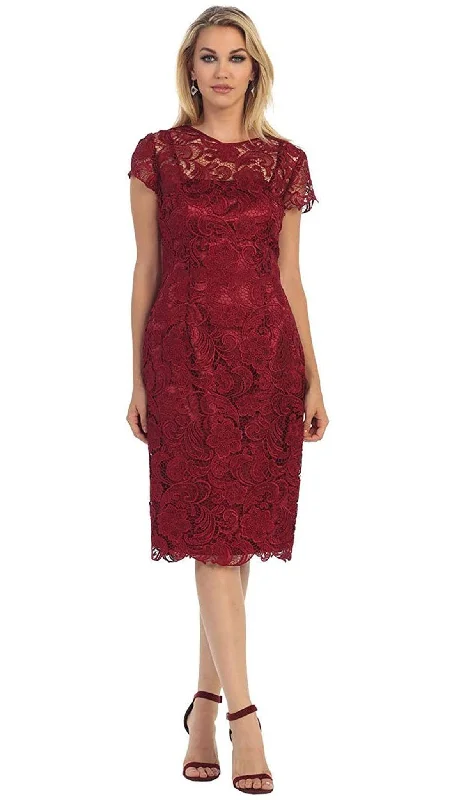Asymmetric - hem cocktail dresses in a bold color for a fashion - forward lookMay Queen - Short Sleeve Sheer Scalloped Lace Formal Dress