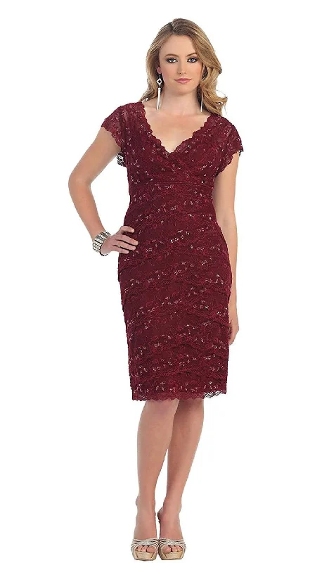 Ribbed - texture cocktail dresses with a cap - sleeve designMay Queen - Tiered Scallop Lace V-Neck Formal Dress MQ974