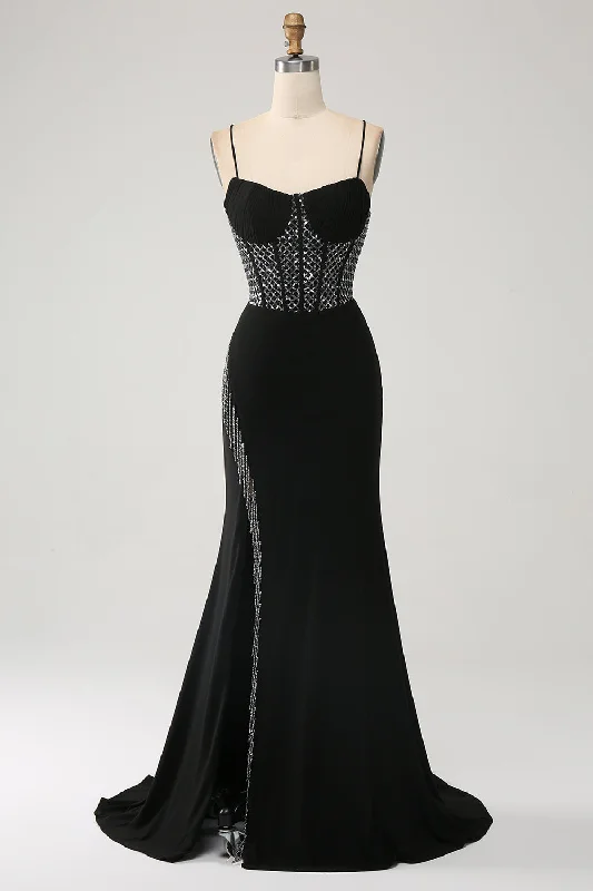 Cocktail dresses with a patchwork pattern and a mid - thigh lengthMermaid Black Spaghetti Straps  Long Corset Prom Dress with Slit