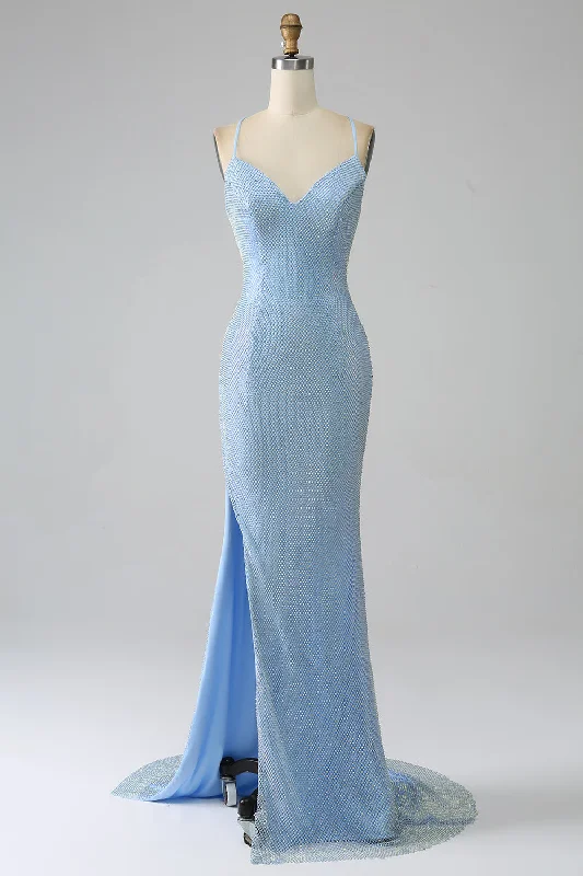 Satin - lined cocktail dresses with a lace outer layerMermaid Blue Long Prom Dress with Slit
