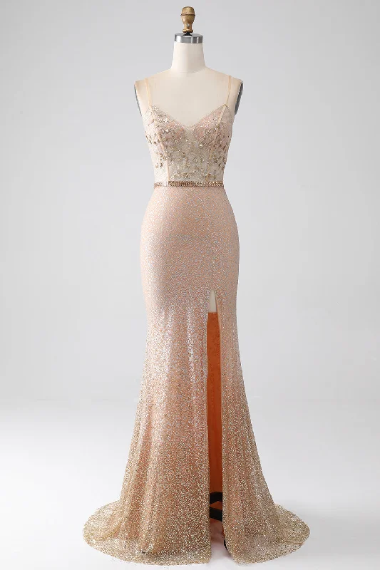 Cocktail dresses with a gathered skirt and a button - down frontMermaid Champagne Spaghetti Straps Long Prom Dress with Slit