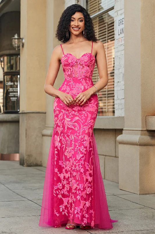 Cocktail dresses with a pom - pom trim and a short - sleeved styleMermaid Fuchsia Long Prom Dress with Appliques