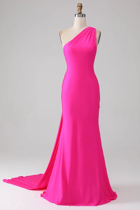 Cocktail dresses with off - the - shoulder designs and beaded accentsMermaid Hot Pink One Shoulder Long Prom Dress