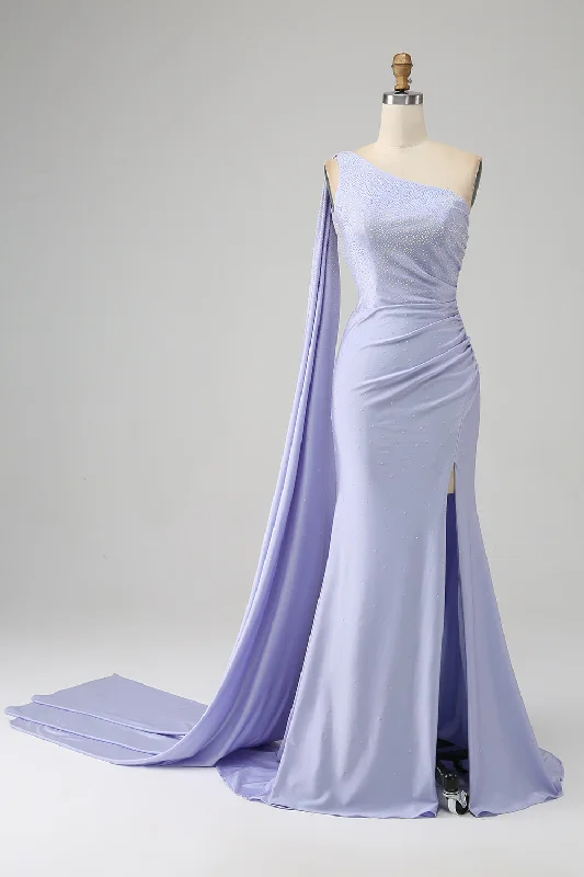 A - line cocktail dresses with floral embroidery for spring partiesMermaid Lilac One Shoulder Long Prom Dress with Slit