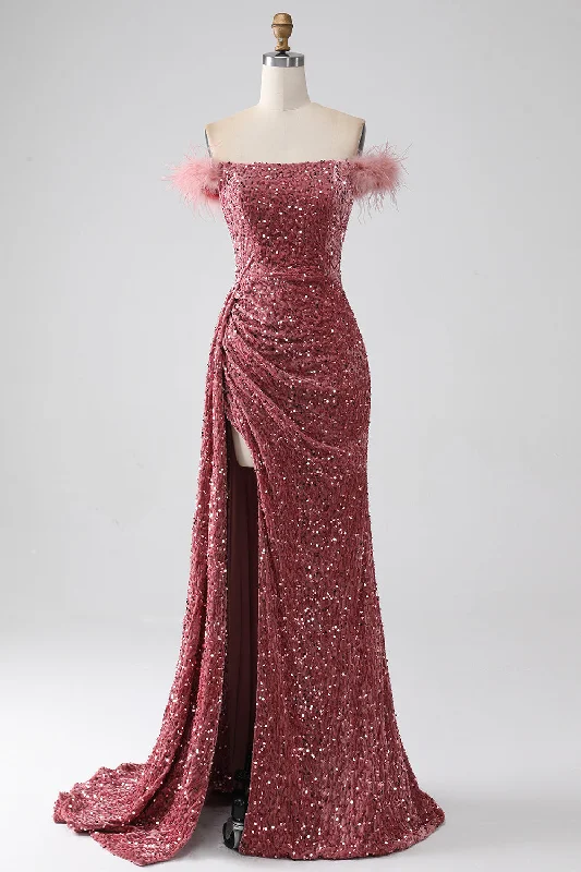 Cocktail dresses with a fringe detail and a sleeveless designMermaid Off the Shoulder Blush Sequins Prom Dress with Slit