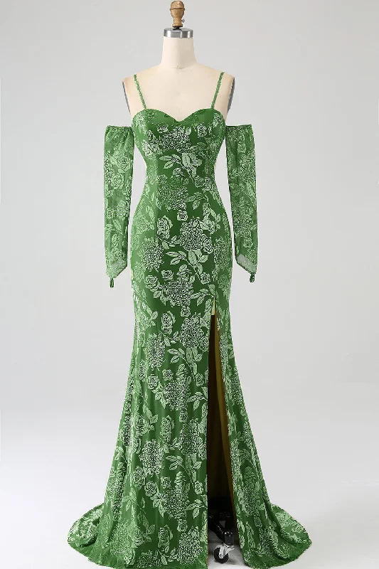 Sheer cocktail dresses with a lining and a short hemMermaid Off the Shoulder Olive Printed Long Prom Dress with Split Front