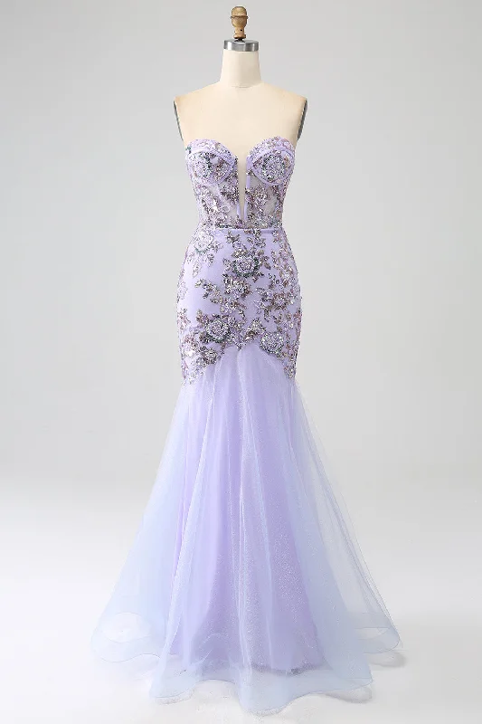Cocktail dresses with a cut - out detail and a body - con fitMermaid Strapless Lavender Corset Prom Dress with Beading