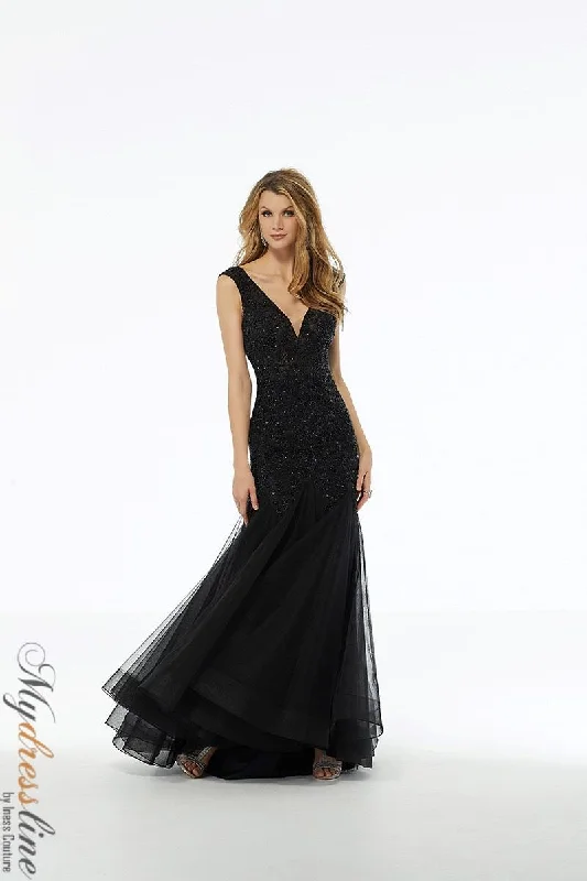 Formal dresses with ruffled skirts and bow accents for a charming prom appearanceMorilee 72103