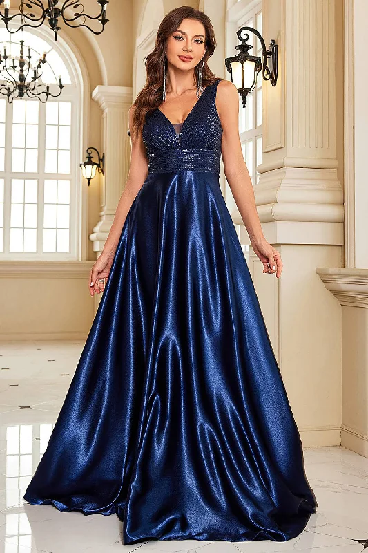 Cocktail dresses with a velvet - trimmed collar and a short skirtNavy Satin A-Line Formal Dress with Sequins