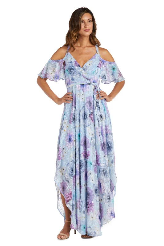 Ruffled maxi dresses with a tiered skirt for added volume Ruffled maxi dresses with a tiered skirt for added volume Nightway 22145 Long Formal High Low Floral Print Dress