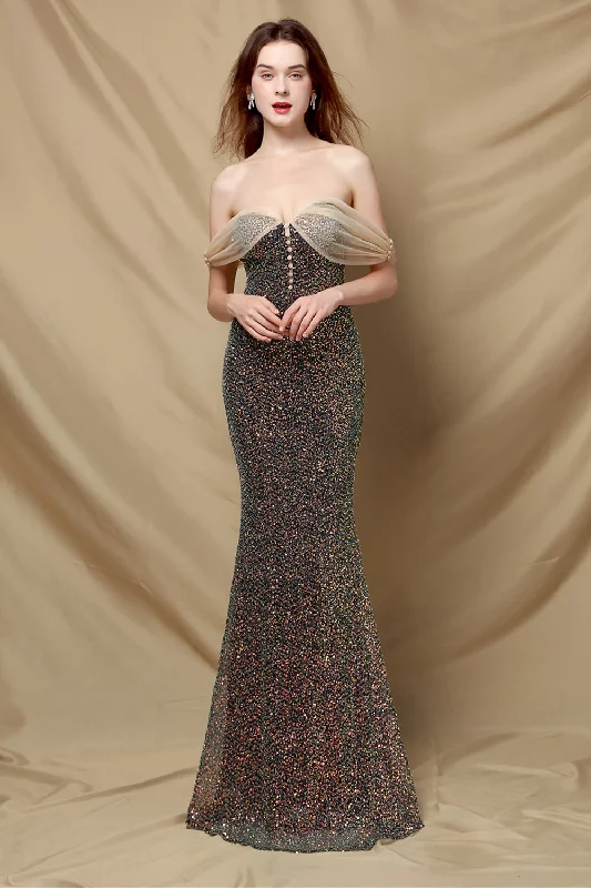 Cocktail dresses with a patchwork pattern and a mid - thigh lengthOff Shoulder Sequins Mermaid Prom Dress