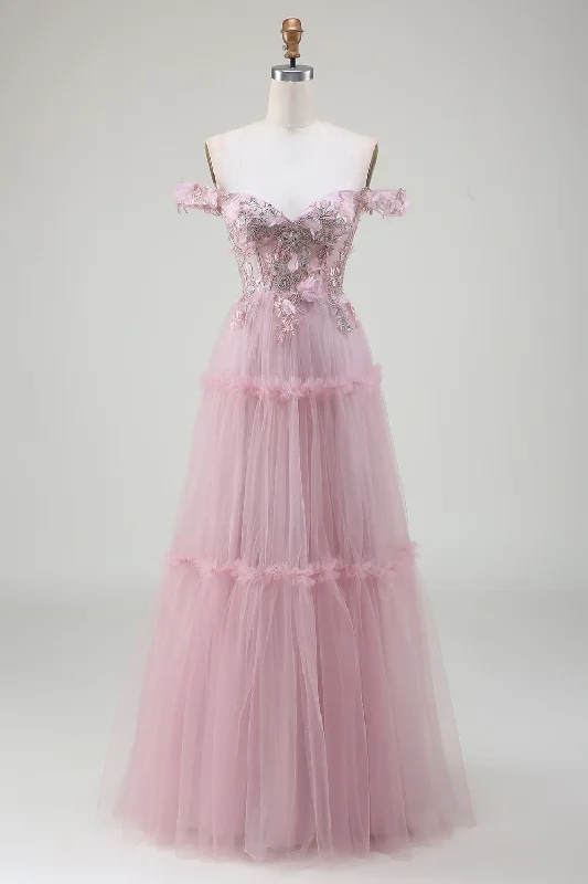 Printed cocktail dresses with geometric patterns for a contemporary aestheticOff the Shoulder Tulle Pink Prom Dress with Appliques