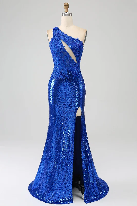 Short cocktail dresses in royal blue for a formal eventOne Shoulder Royal Blue Mermaid Prom Dress with Slit
