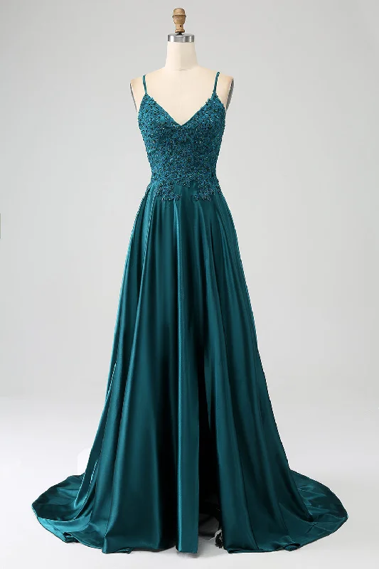Long - cocktail dresses with a slit and a fitted bodicePeacock Green A-Line Spaghetti Straps Long Prom Dress with Slit