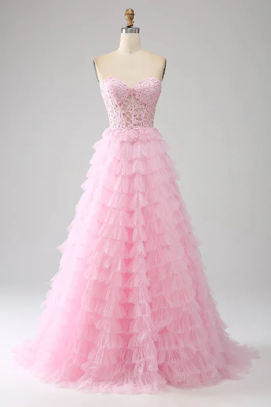 Cocktail dresses with a velvet - trimmed collar and a short skirtPink A-Line Strapless Tiered Long Corset Prom Dress