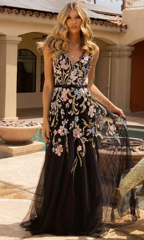 Prom dresses with cold - shoulder ruffled sleeves and floral prints for a romantic and fashionable stylePrimavera Couture 3929 - Floral Patterned Embellished Tulle Gown