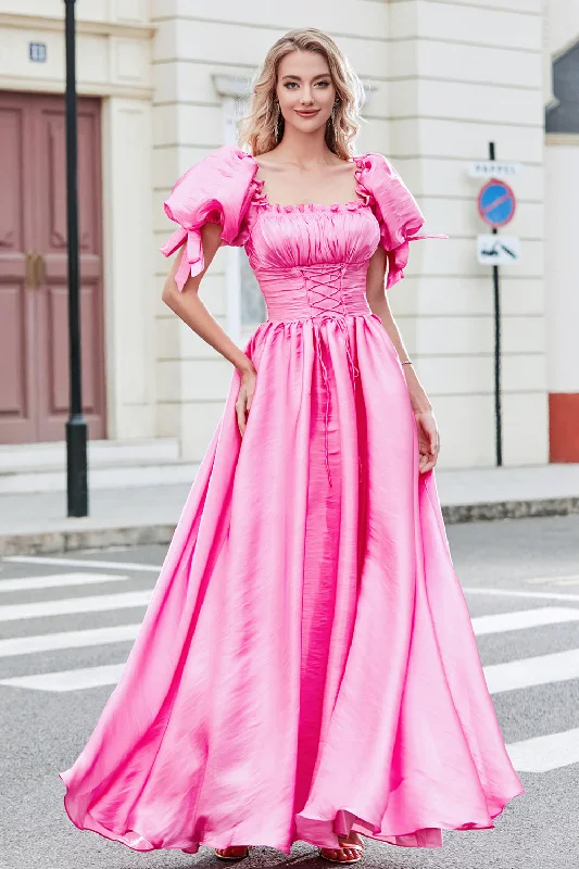 Geometric - printed cocktail dresses with a long - sleeve optionPrincess A Line Square Neck Hot Pink Long Prom Dress with Puff Sleeves