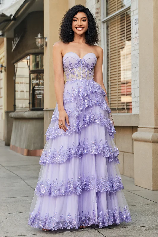 Cocktail dresses with a patchwork pattern and a mid - thigh lengthPrincess A Line Sweetheart Lavender Corset Prom Dress with Tiered Lace