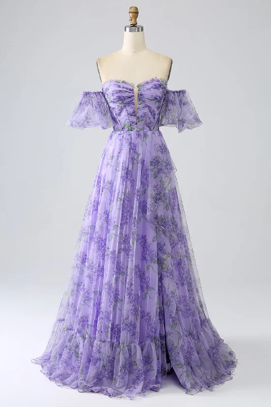 Bow - backed cocktail dresses with a fit - and - flare silhouettePrinted Lavender Off the Shoulder A line Prom Dress with Removable Sleeves