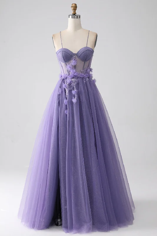 Satin - lined cocktail dresses with a lace outer layerPurple A-Line Spaghetti Straps Corset Prom Dress with 3D Flowers