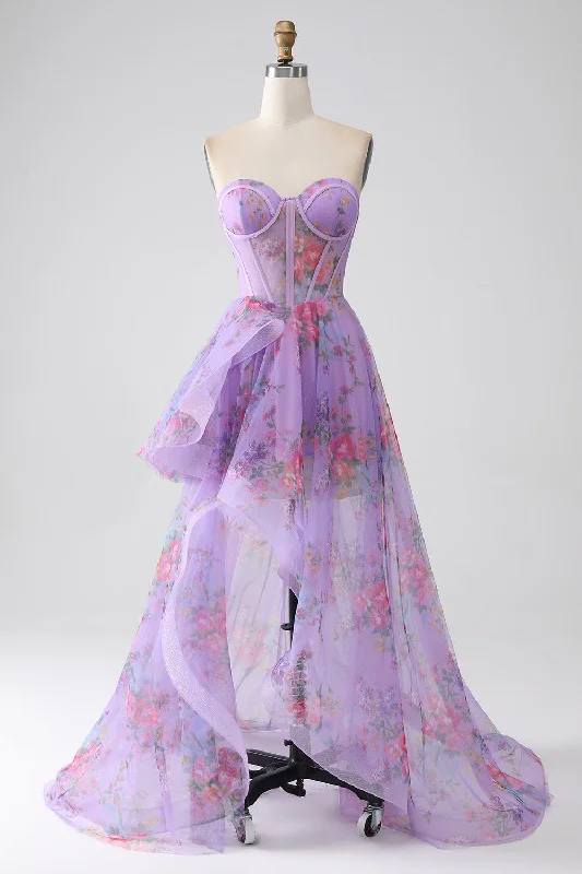 Mini cocktail dresses with a tiered ruffled skirt and a scoop neckPurple Printed Strapless Corset Prom Dress