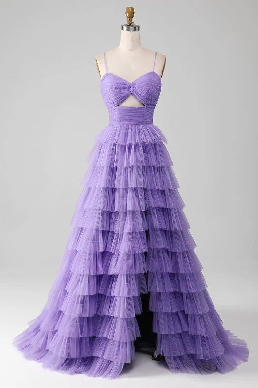 Cocktail dresses with a cut - out detail and a body - con fitPurple Tulle A-Line Tiered Long Prom Dress with Slit