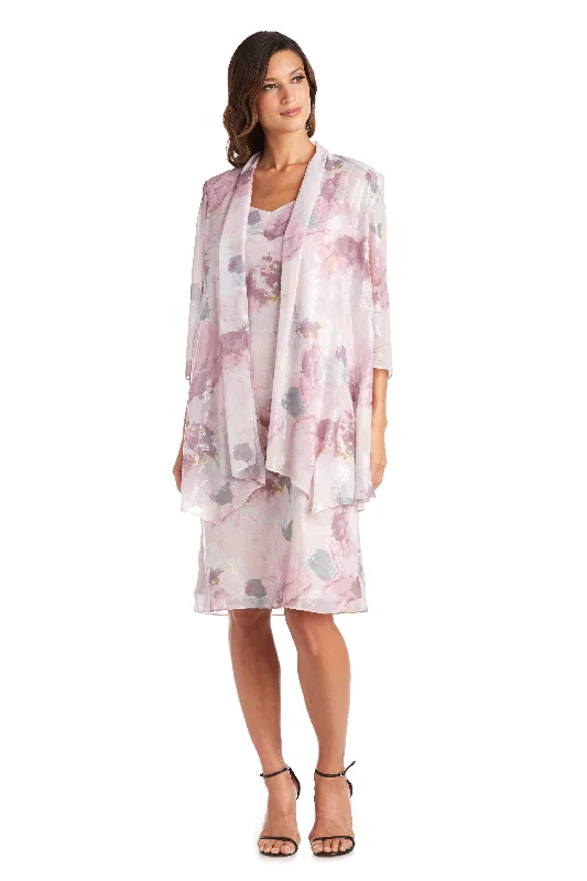 Mini cocktail dresses with a cold - shoulder ruffled sleeveR&M Richards 7738P Short Floral Chiffon Petite Dress