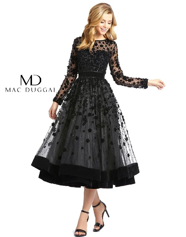Plaid cocktail dresses with a flared skirt for a classic feelMac Duggal Sheer Long Sleeve A Line Short Dress Sale