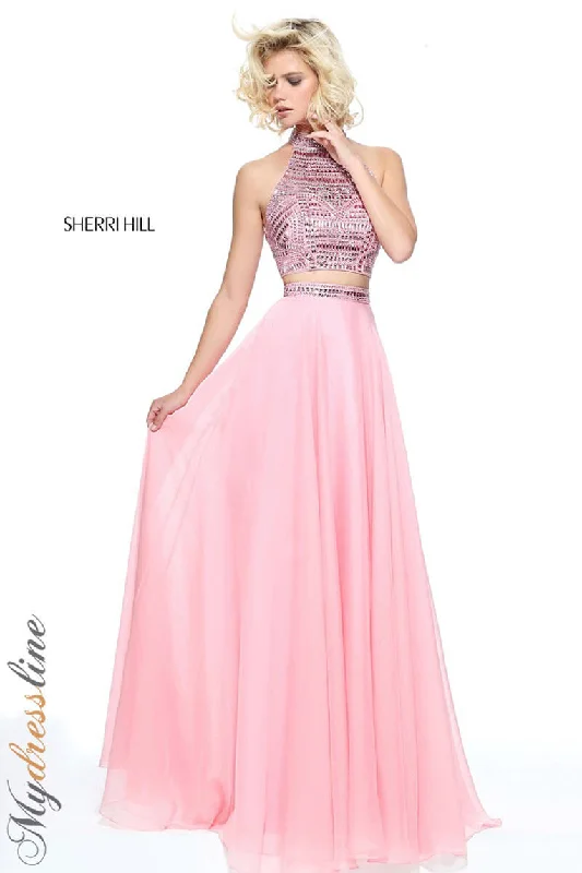 Formal dresses with one - shoulder ruffled straps and sequined bodices for a trendy and eye - catching lookSherri Hill 50809