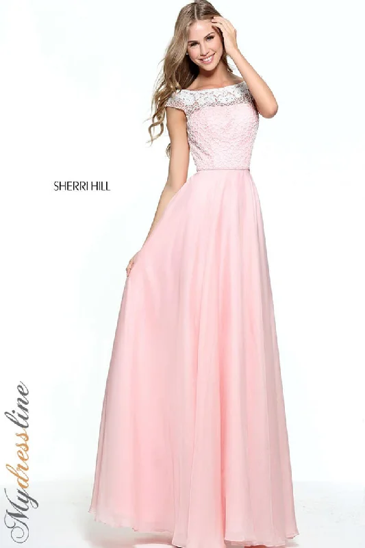 Formal dresses with tiered lace skirts and off - the - shoulder necklines for a feminine and elegant formal appearanceSherri Hill 51075