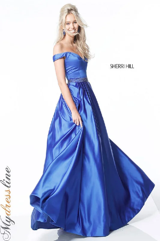 Prom dresses with tiered ruffled sleeves and satin skirts for a feminine and voluminous lookSherri Hill 51124