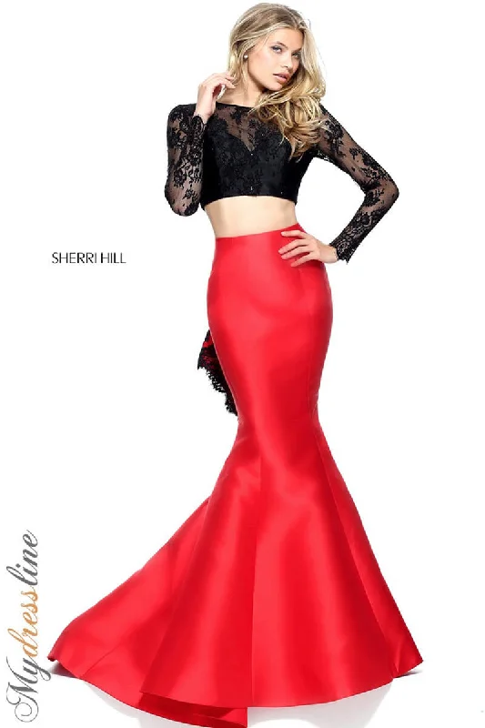 Prom dresses with lace - trimmed hems and off - the - shoulder necklines for a delicate lookSherri Hill 51169