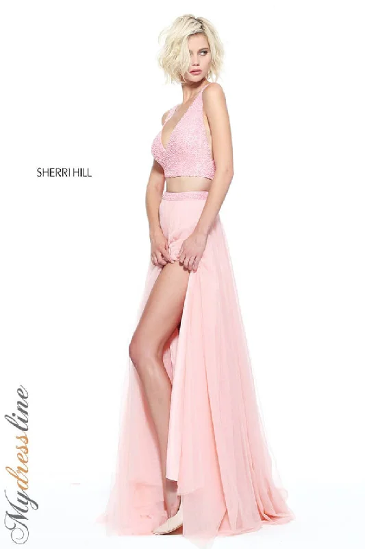 Prom dresses with side - slit skirts and beaded fringes for a glamorous appearanceSherri Hill 51199