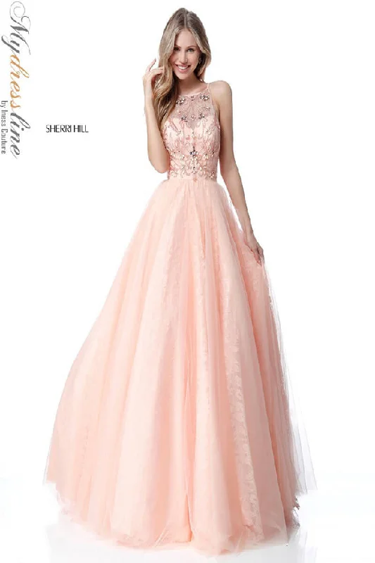 Prom dresses with illusion necklines and crystal embellishments for a formal affairSherri Hill 51702 Prom dresses with illusion necklines and crystal embellishments for a formal affairSherri Hill 51702