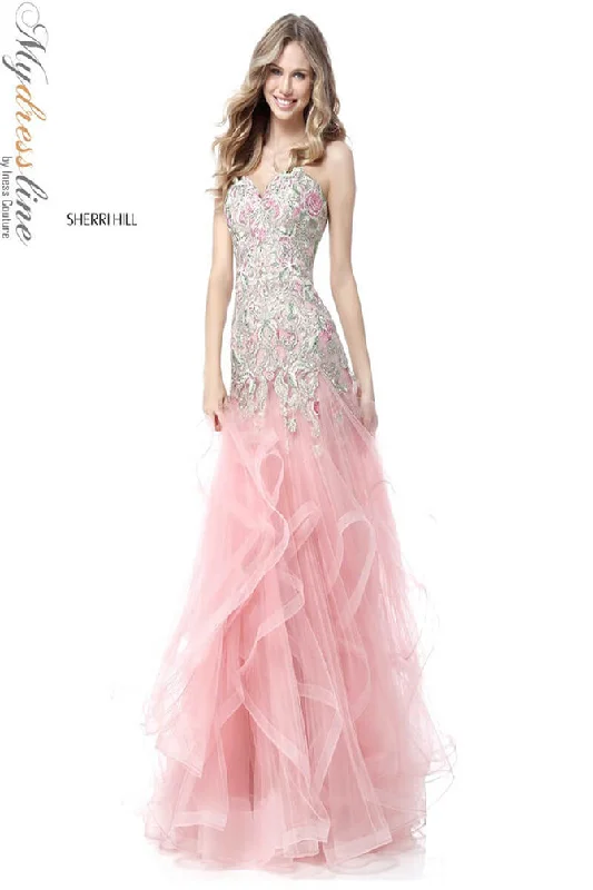 Prom dresses with lace - trimmed sleeves and empire - style waists for a flattering and vintage - inspired formal affairSherri Hill 51719 Prom dresses with lace - trimmed sleeves and empire - style waists for a flattering and vintage - inspired formal affairSherri Hill 51719